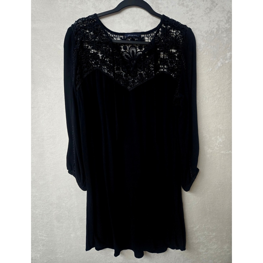 American Eagle Mini Dress Black Crochet Lace Yoke Boho Long Sleeve XL Witchy